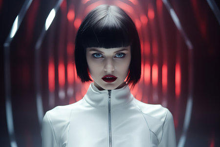 an image of a woman in a white suit with red eyesの素材