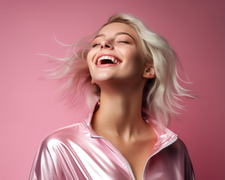 beautiful blonde woman laughing and smiling on pink backgroundの素材
