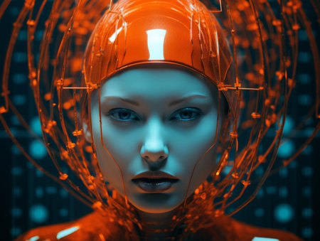 an image of a woman in an orange suit with wires coming out of her headの素材