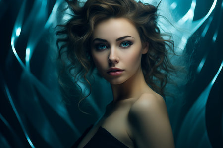 beautiful woman with blue eyes and curly hair on a blue backgroundの素材