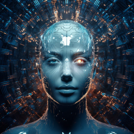 the face of a woman with glowing eyes in front of an abstract backgroundの素材