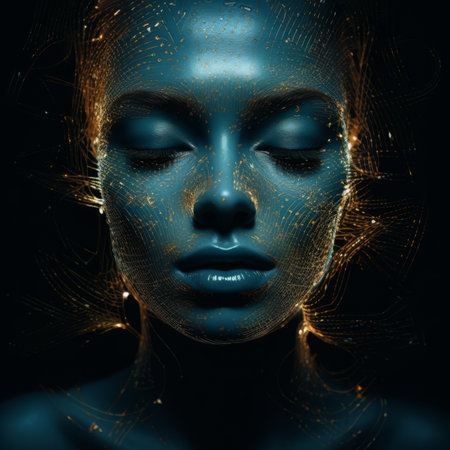 the face of a woman with glowing blue makeupの素材