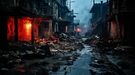 a city street is covered in rubble and debrisの素材