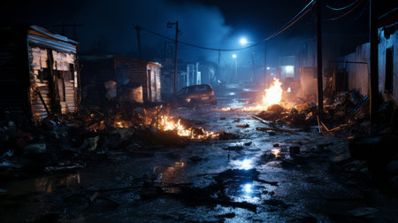 a burned out area in the middle of a city at nightの素材