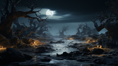 a dark forest at night with a full moon in the backgroundの素材