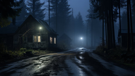 a dark road in the middle of a forest at nightの素材