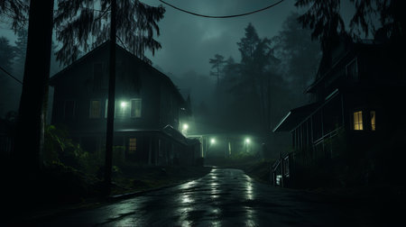 a dark street in the middle of the woods at nightの素材