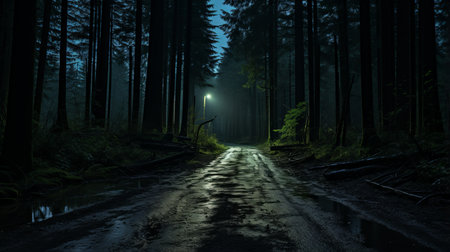 a dark road in the middle of a forest at nightの素材