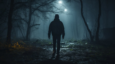 a man is walking in the woods at nightの素材