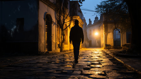 a man is walking down a cobblestone street at nightの素材