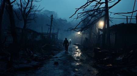 a man is walking down a dark street at nightの素材