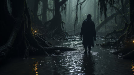 a man standing in the middle of a swamp at nightの素材