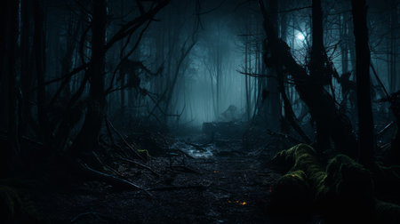 a dark and creepy forest at night with a full moonの素材
