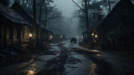 a dark street in the middle of the woods at nightの素材