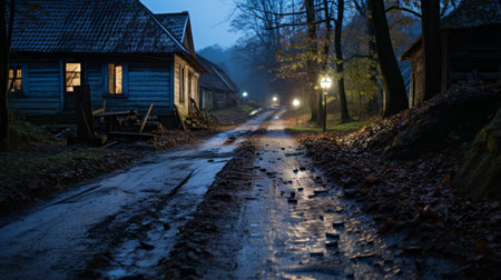 an empty street in the middle of the woods at nightの素材