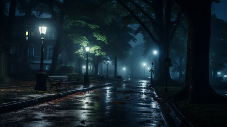 an empty street at night with street lights and benchesの素材