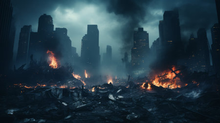 an image of a destroyed city with fire and smoke coming out of itの素材