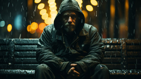 a homeless man sitting on a bench in the rainの素材