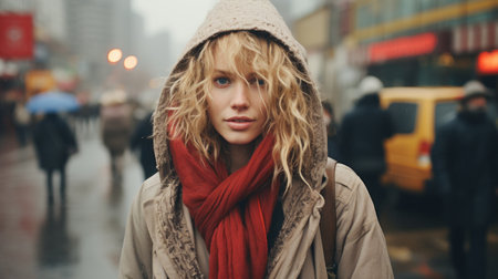 a woman in a hooded jacket and scarf standing on a city streetの素材