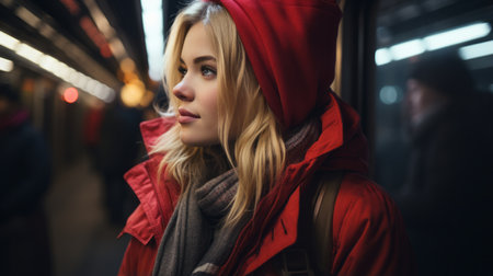 a woman in a red coat standing on a subway platformの素材