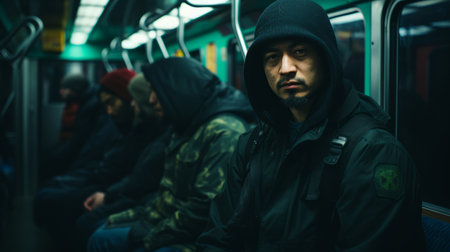 a man in a hoodie sitting on a subway trainの素材