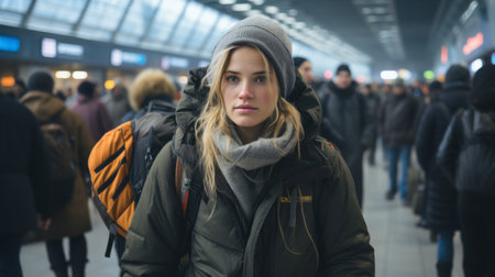 a woman with a backpack standing in an airportの素材