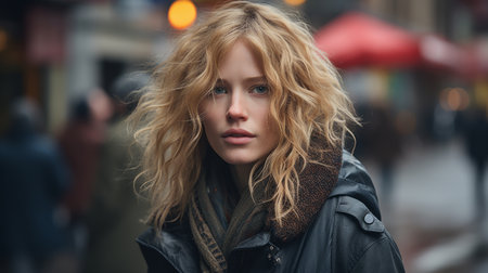 a woman with long blonde hair and a black jacket standing on a city streetの素材