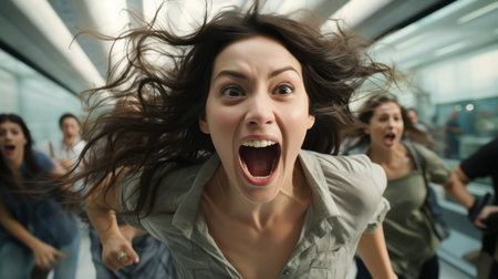 a woman is running through an airport with her mouth openの素材