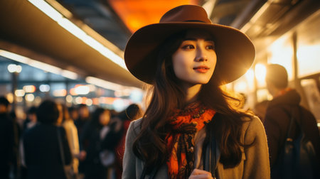 a woman wearing a hat and scarf in a subway stationの素材