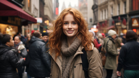 a woman with red hair standing in the middle of a crowded cityの素材