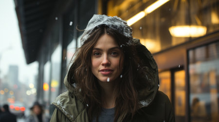 a young woman in a winter coat standing in the snowの素材