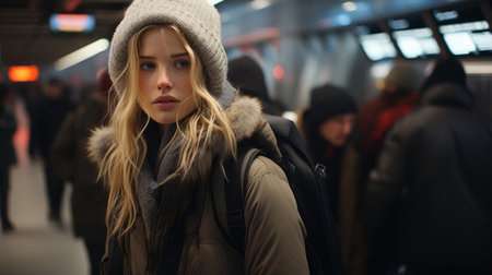 a young woman in a winter hat and coat standing in a subway stationの素材