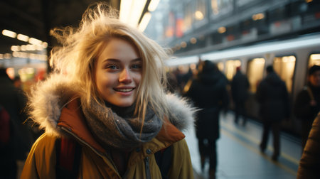 a young woman is smiling in front of a trainの素材