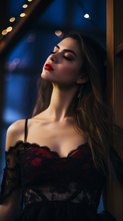 a beautiful woman in a black dress with red lipsの素材
