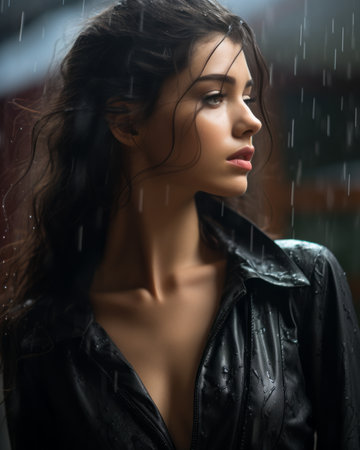 a beautiful woman in a leather jacket in the rainの素材