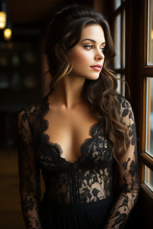 a beautiful woman in a black lace dressの素材