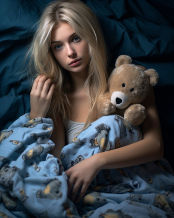 a beautiful young woman in bed with a teddy bearの素材