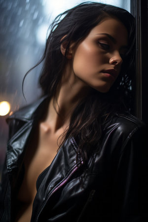 a woman in a leather jacket leaning against a windowの素材