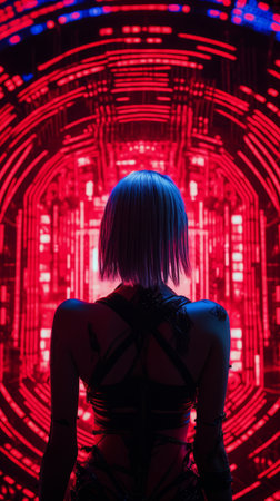 a woman standing in front of a red and blue lightの素材