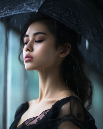 a woman with an umbrella in the rainの素材