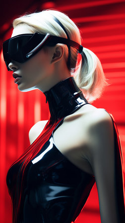 a woman in a red and black latex outfitの素材