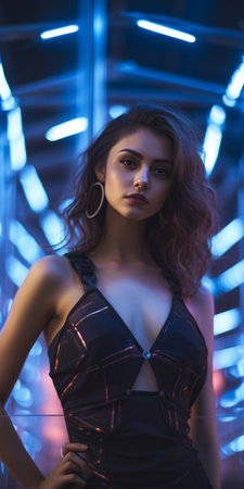 a woman in a black dress standing in front of neon lightsの素材