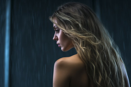 a woman with long hair standing in the rainの素材