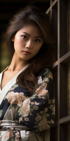 an asian woman in a kimono is leaning against a wallの素材