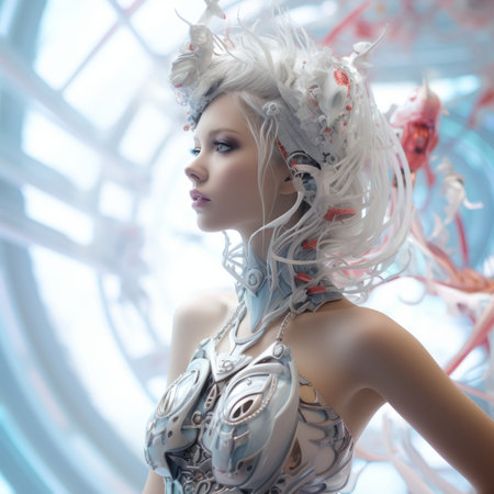 an image of a woman with white hair in a futuristic settingの素材