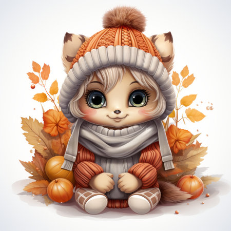 a cute little fox in a knitted hat and scarfの素材