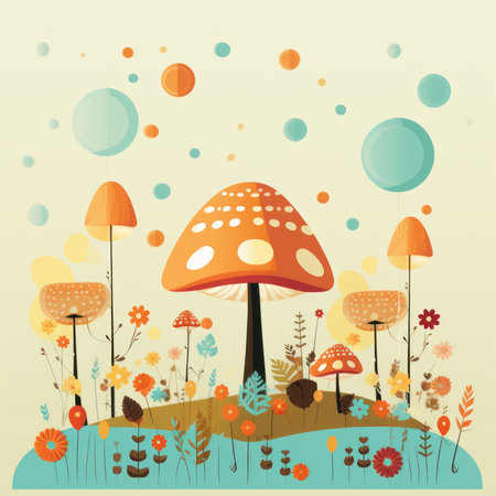 an illustration of a mushroom and flowers in a fieldの素材