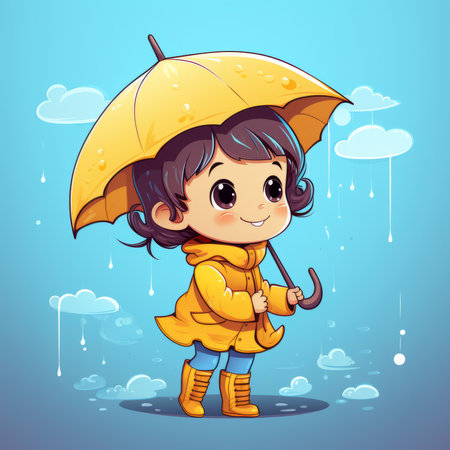 a little girl in yellow raincoat holding an umbrellaの素材