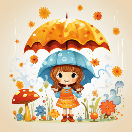 cute little girl with umbrella in the rain illustrationの素材