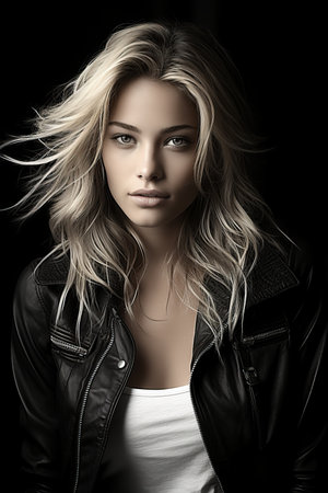 a beautiful blonde woman in a leather jacketの素材